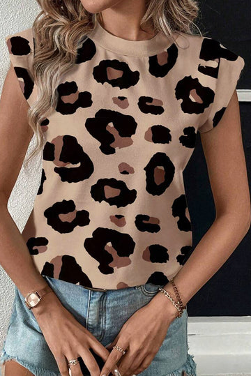 Khaki Leopard Crew Neck Cap Sleeve Casual Tee